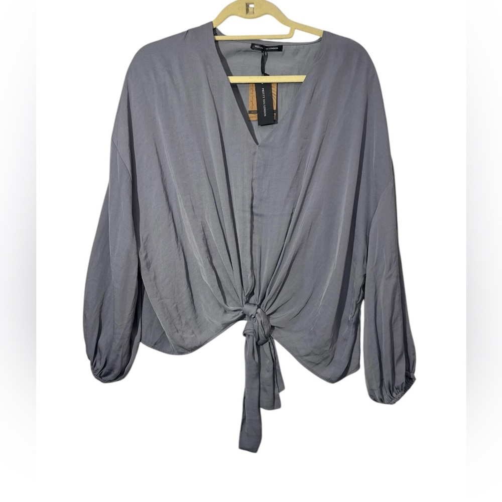 Pretty You London Satin Tie Puff Sleeve Gray Blouse Sz.6-8